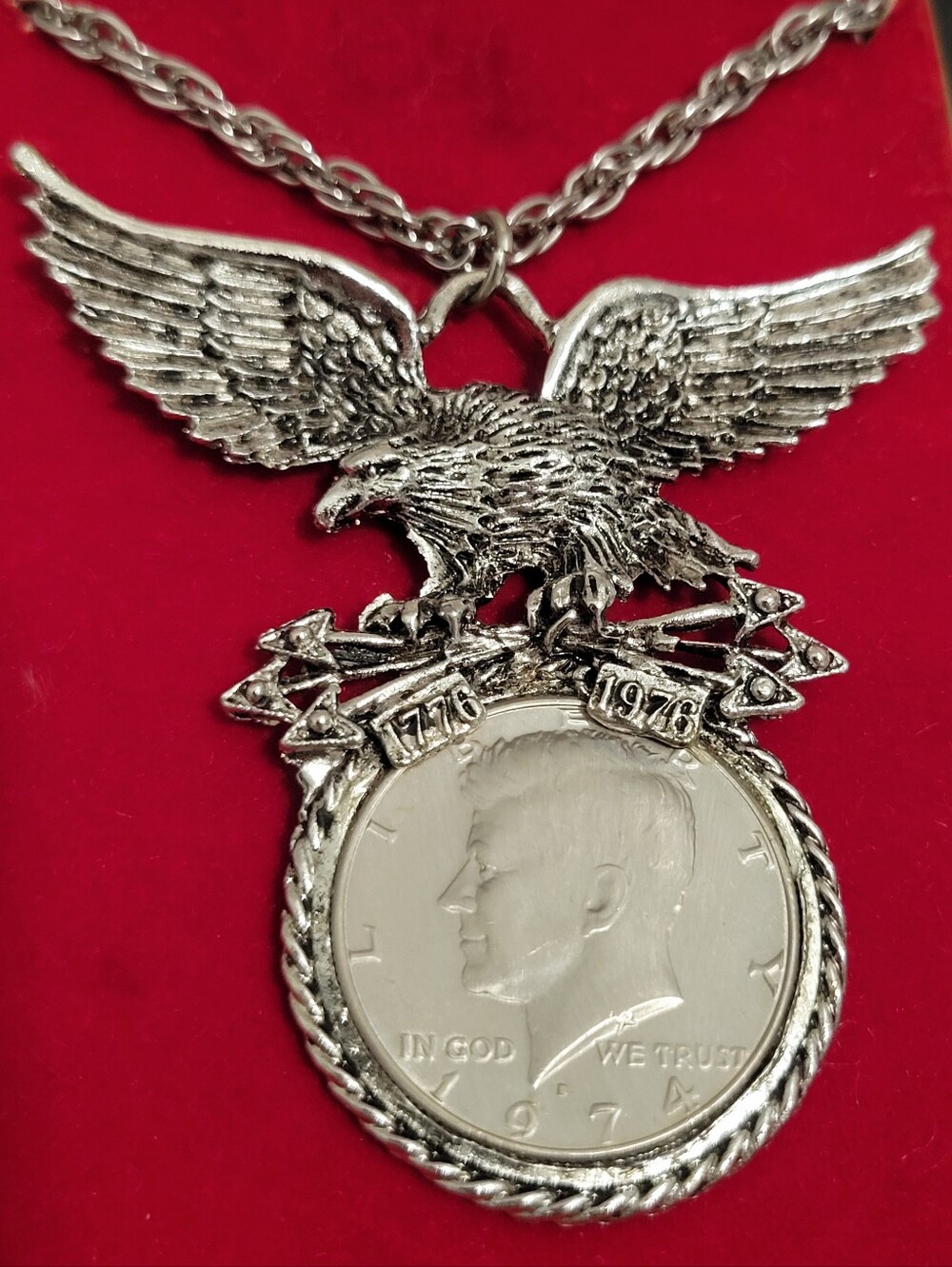 Vintage Bicentennial Eagle Coin Pendant Necklace 1974 D JFK Half Dollar w/ Case